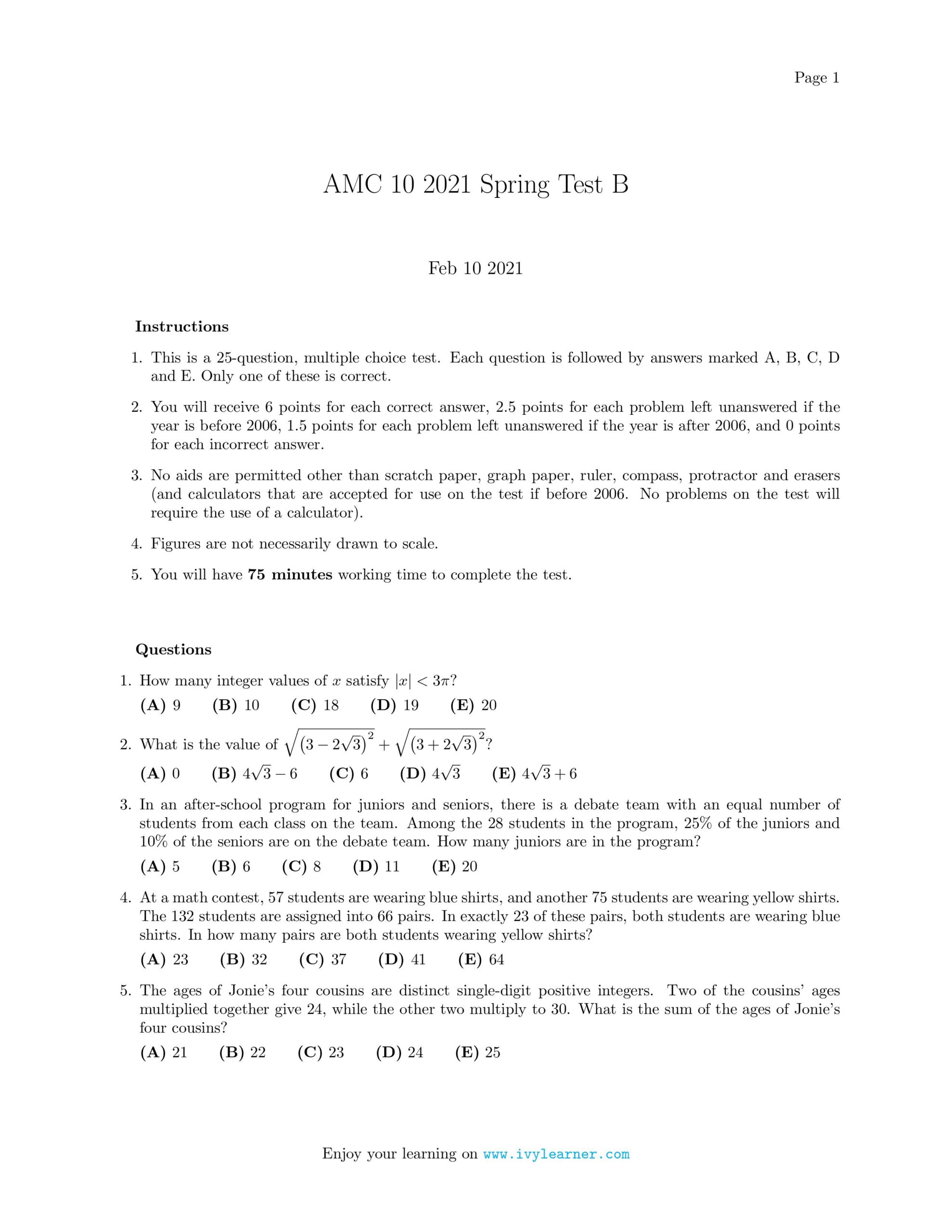 AMC 10 2021 Spring Test B Exam Ivy learner