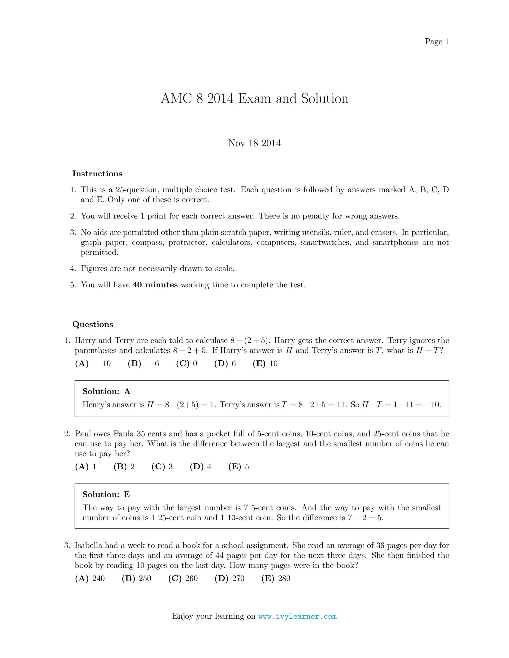 AMC 8 2014 Exam and Solution Ivy Learner